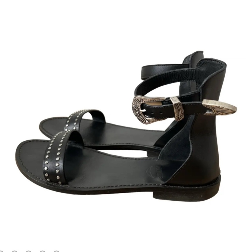 Black Western Buckle Sandals – Studded, Ankle Strap, Flat Slide